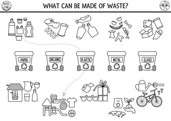 Ecological black and white matching activity with waste sorting concept. Earth day puzzle. Printable worksheet or game. Sort out garbage. Eco awareness coloring page for kids with rubbish bins
