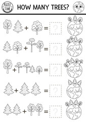 How many trees black and white game with cute planet. Ecological math addition activity for preschool children. Simple eco earth day printable counting coloring page for kids with plants and Earth