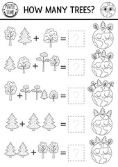 Naklejka premium How many trees black and white game with cute planet. Ecological math addition activity for preschool children. Simple eco earth day printable counting coloring page for kids with plants and Earth