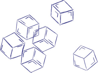Hand drawn line ice cube, sugar, toys. Cold pieces, pieces of ice,  doodle sketches. The review is illustrated with cubes. Vector illustration with cubes.