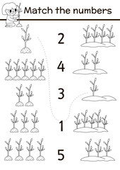 Match the numbers ecological black and white game with girl planting trees. Earth day or garden math activity for preschool kids. Eco awareness educational counting coloring page
