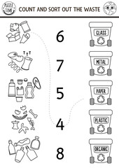 Match the numbers black and white ecological game with garbage, rubbish bins. Zero waste math activity. Eco awareness educational counting coloring page with waste sorting concept
