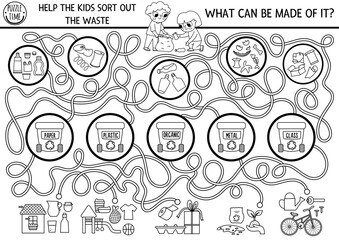 Ecological black and white maze for children with kids sorting out the rubbish. Earth day preschool activity. Zero waste labyrinth coloring page. What can be made of waste