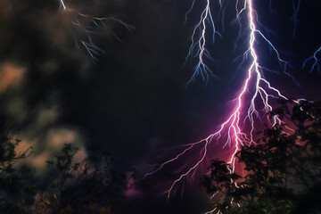 Thunder background with lightning. Night sky. Illustration