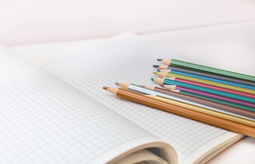 colored pencils and a notebook in a cage. school supplies. school. wooden pencils.