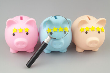 Ranking investments funds and financial funds rating concept. Piggy banks with different numbers of...