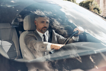 Confident mature man in formalwear using control panel while sitting on the front seat of a car