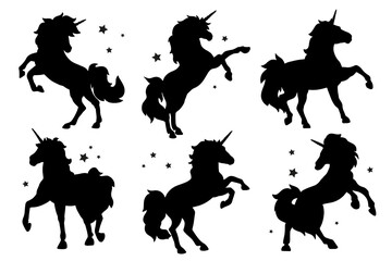 Flat design collection of unicorn silhouette. Magic creature contour set