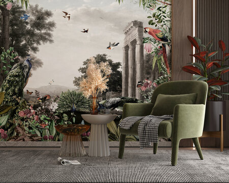 Modern living room interior with wallpaper Vintage landscape classic ruins wall wood and armchair green- 3d rendering