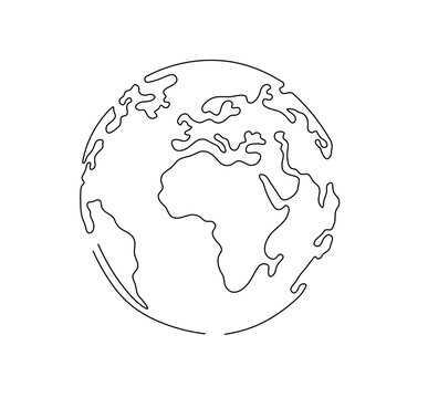 Vector isolated globe Planet Earth map single line art graphic doodle drawing