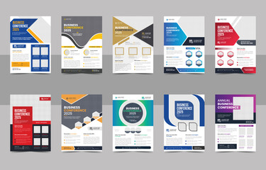 Creative corporate business conference flyer brochure template bundle or annual business event flyer template set and digital marketing live webinar banner, leaflet cover presentation, book cover - obrazy, fototapety, plakaty