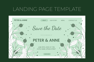 Floral wedding Landing page template in hand drawn doodle style, invitation card design with line flowers and leaves, dots and berries. Vector decorative frame on white and green background.