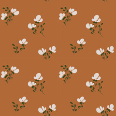Seamless floral pattern, pretty ditsy print with small sparse plants on a brown field. Minimal botanical background with tiny hand drawn flowers, leaves on thin stems. Vector illustration. - obrazy, fototapety, plakaty