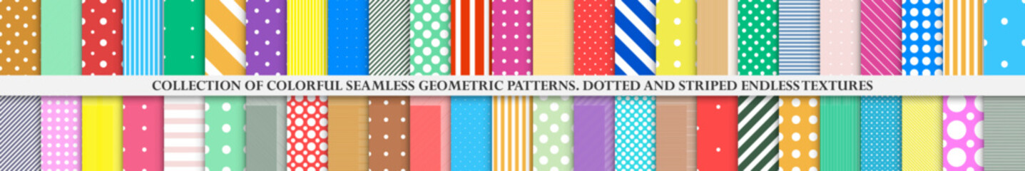 Collection of vector colorful geometric seamless patterns. Simple dotted and striped bright textures - repeatable unusual backgrounds. Vibrant fun design. Textile endless prints