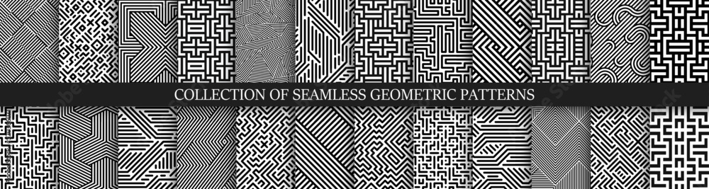 Aufkleber Collection of vector seamless geometric patterns. Striped black and white abstract backgrounds. Monochrome linear textures. Endless unusual prints
