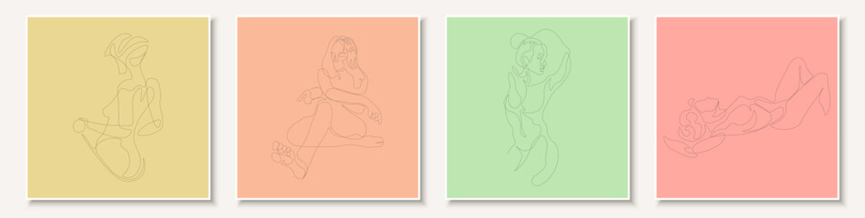 Collection of delicate one line female arts. Hand drawn women silhouettes. Drawing erotic design isolated on colorful backgrounds. Can be used like template, poster, beauty card, placard etc