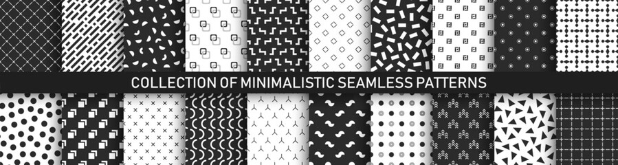 Collection of vector seamless geometric patterns - monochrome textures. Modern stylish textile prints. Minimalistic endless black and white backgrounds