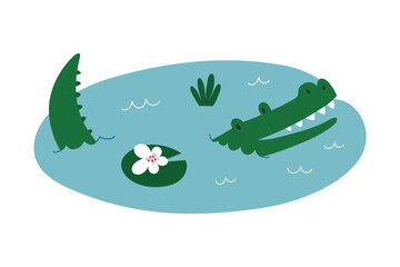 Cute smiling crocodile lying in the pond, swimming in water, funny alligator character with friendly facial expression, vector illustration for kids isolated on white background