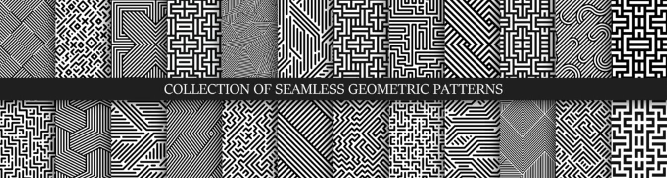 Collection of vector seamless geometric patterns. Striped black and white abstract backgrounds. Monochrome linear textures. Endless unusual prints