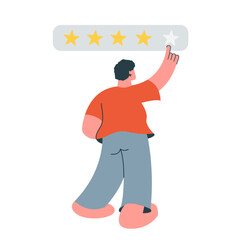 A person pointing at five stars. a man giving a five-star rating. a man rating on five stars. a boy giving an evaluation report. Vector illustration for your landing page, app, poster