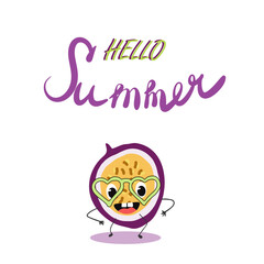 Vector illustration of cute joyful passion fruit character. T-shirt design for kids, summer time, summer mood. vector illustration. Lettering hello summer.