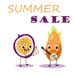 Vector illustration of cute characters, cartoon passion fruit and papaya with musical instruments. Summer sale coupon design, design for kids, summer time, summer mood. vector illustration.