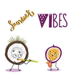 Vector illustration of cute characters, funny fruits coconut and passion fruit with musical instruments. T-shirt design for kids, summer time, summer mood. vector illustration. Summer vibes.