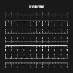 Realistic white centimeter scale for measuring length or height. Various measurement scales with divisions. Ruler, tape measure marks, size indicators. Vector illustration