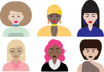 set 6 bright caucasian ebony women avatars people vector flat minimalistic illustration of girl portrait head icon collection of face girls beauty lips hair