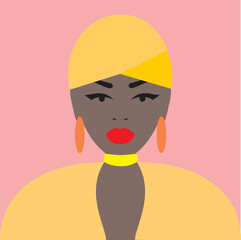Vector flat illustration of a minimalistic portrait of a young African girl, African American bright lips happy beauty.