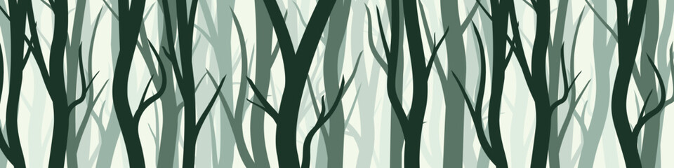 Wild forest with various coniferous or deciduous trees. Wide horizontal banner with various tree trunks silhouettes. Dark misty pine forest landscape, panorama. Vector illustration