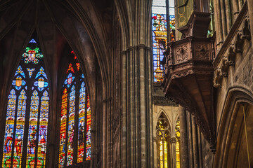 The Renaissance organ of the triforium in the central nave of the cathedral of Saint-Etienne Cathedral in Metz
