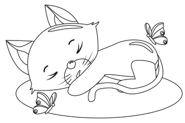 Coloring the outline of a cartoon sleeping cute little cat