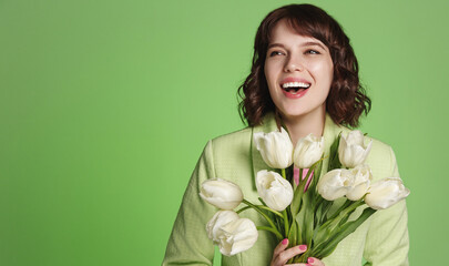 Laughing woman looking happy, holding bouquet of white tulips. Happy birthday girl with beautiful...