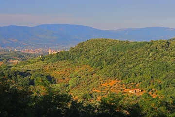 Landscape View from Montecatini Alto looking towards Pistoia with the Apennine Mountains in the distance. Tuscany, Italy.