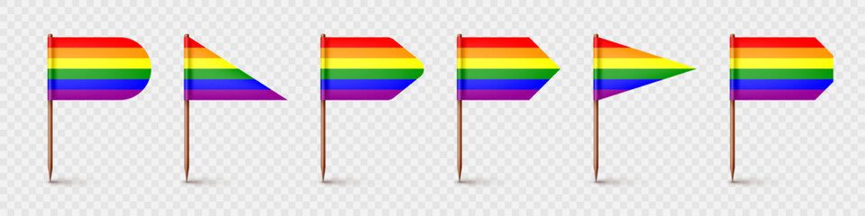 Realistic various toothpick flags. Wooden toothpicks with rainbow LGBTQ paper flag. Blank mockup for advertising and promotions. Pride month. Vector illustration