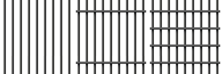 Black realistic metal prison bars isolated on white background. Detailed jail cage, prison iron fence. Criminal background mockup. Creative vector illustration.