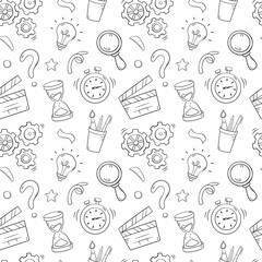 Quiz seamless pattern in doodle style, vector illustration. Back to school concept, stationery symbols on white background. Pattern hand drawn for print and game quiz
