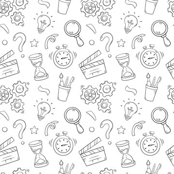 Quiz seamless pattern in doodle style, vector illustration. Back to school concept, stationery symbols on white background. Pattern hand drawn for print and game quiz