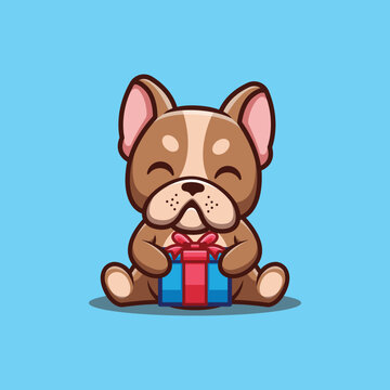 French Bulldog Sitting Gift Box Cute Creative Kawaii Cartoon Mascot Logo