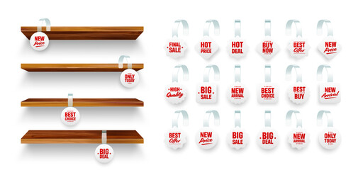 Obraz premium Wooden store shelves with supermarket promotional wobblers. Product shelf and advertising wobbler. Grocery wall rack. Sale or discount label, special offer price tag. Vector illustration