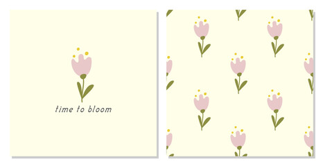 Cute flower in cartoon style. Print and seamless floral pattern in pastel colors