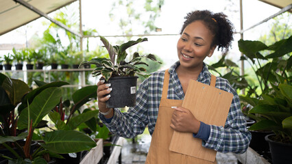 Portrait of beautiful women owner standing in own tree shop and smiling.  African American females business partners working garden store. Business concept.Tablet quality control.Clip board.