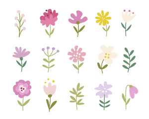 Set of cute flowers in pastel colors.