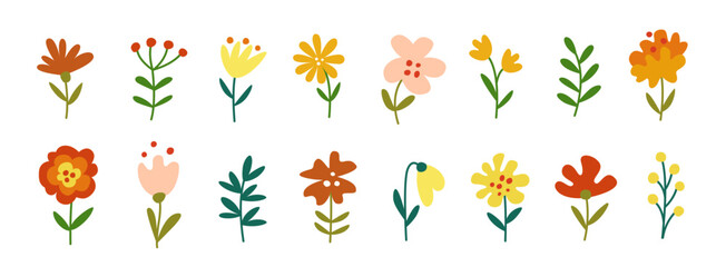 Flower collection. Set of different plant elements in cartoon style.