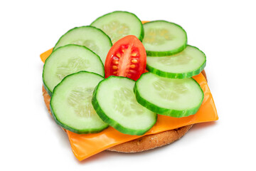 Crispy Cracker Sandwich with Fresh Cucumber, Tomato Cherry and Cheese - Isolated on White. Easy...