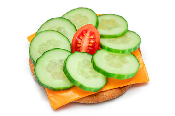 Crispy Cracker Sandwich with Fresh Cucumber, Tomato Cherry and Cheese - Isolated on White. Easy Breakfast. Quick and Healthy Sandwich. Crispbread with Tasty Filling. Healthy Dietary Snack - Isolation