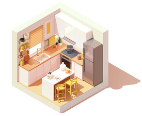 Vector isometric modern kitchen room. Kitchen with island and chairs, modern furniture, stove, oven, refrigerator. Low poly cross-section illustration.