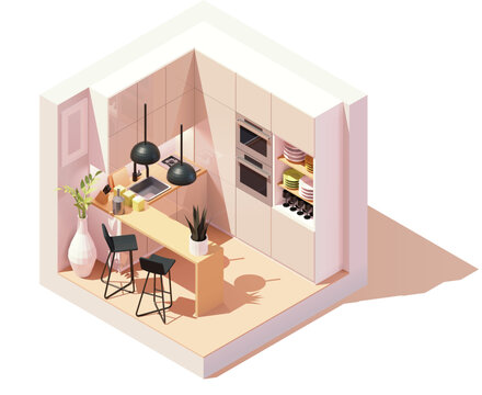 Vector isometric modern kitchen room. Small kitchen. Bar counter with chairs, modern furniture, stove, oven. Low poly cross-section illustration.
