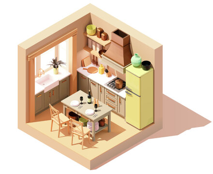 Vector isometric rustic kitchen room. Kitchen with island and chairs, furniture, stove, refrigerator. Low poly cross-section illustration.